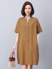 亚麻连衣裙女短袖2025夏季新款宽松休闲妈妈显瘦遮肉中长棉麻裙子，女装连衣裙，悦见她