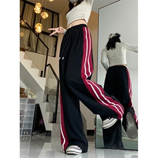 休闲裤女春秋美式宽松百搭高腰显瘦垂感直筒竖条阔腿裤K0979-P38，男装休闲裤，星座308B-1