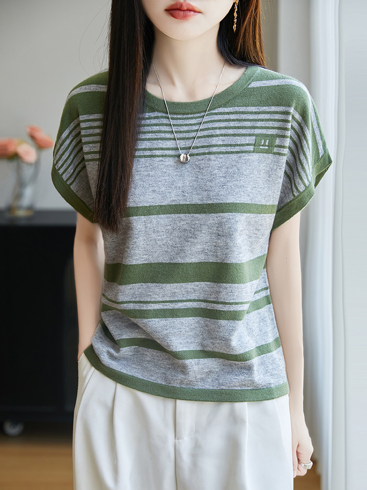 条纹冰丝短袖T恤女夏季2025新款宽松薄款大码女装上衣服爆款女装,女装T恤,斯美雅电商供货