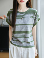 条纹冰丝短袖T恤女夏季2025新款宽松薄款大码女装上衣服爆款女装，女装T恤，斯美雅电商供货