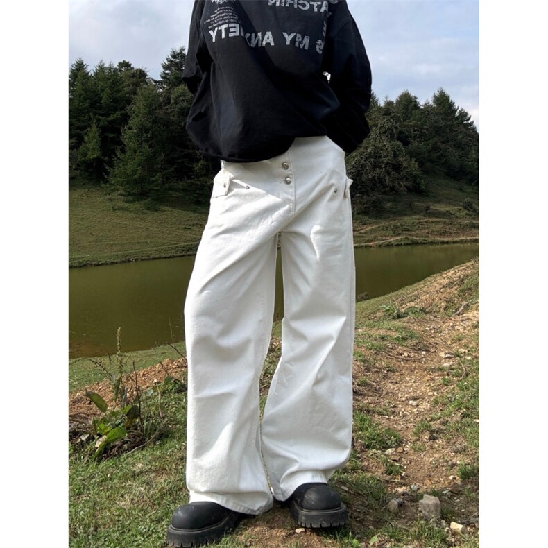 美式复古白色阔腿弯刀牛仔裤男女廓形宽松直筒镰刀裤,男装牛仔裤,四季星座505