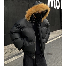 美式pu皮可拆卸连帽棉服男冬季潮牌毛领短款棉衣加厚保暖棉袄p115，男装棉衣，电商C307