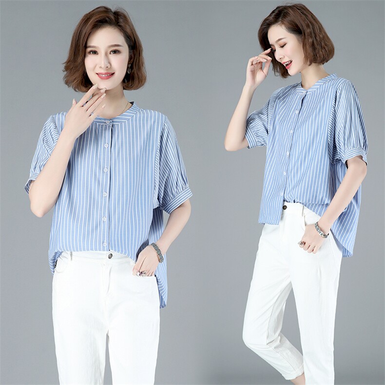2024新款春夏七分袖条纹衬衫棉绸文艺复古大码圆领宽松中袖上衣，女装T恤，玛其路