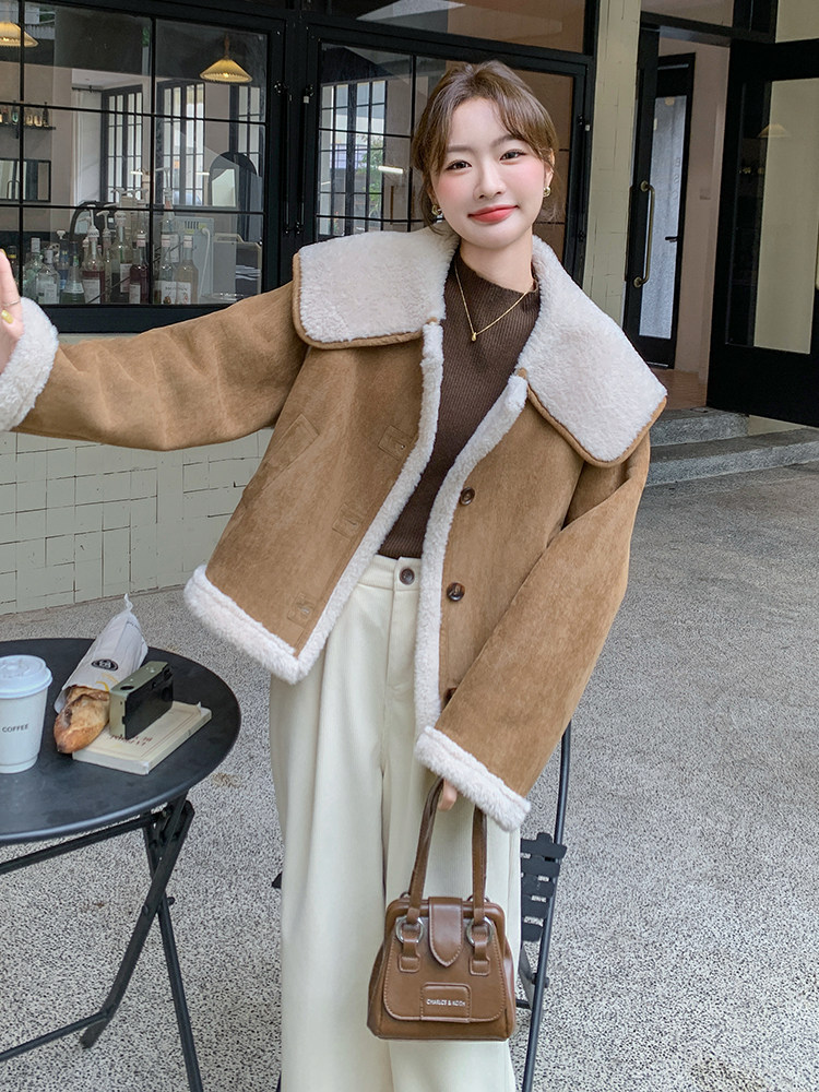 咖色羊羔毛宽松学院风皮毛一体外套韩系减龄棉服6086P195K288,女装棉衣/棉服,维壹