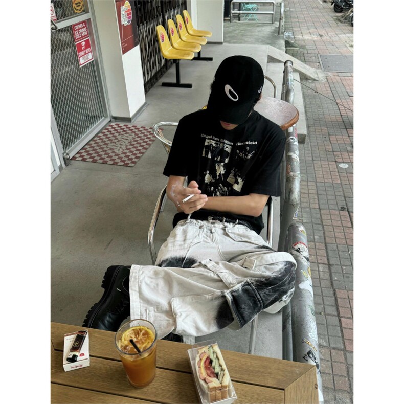 嘻哈复古设计喷墨脏白牛仔裤男宽松阔腿多口袋绑带工装裤N7688,男装牛仔裤,星座1116A（原606A-3）