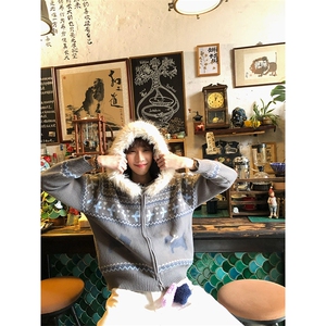 重磅北极绒座山雕毛衣外套冬美式复古休闲慵懒风大毛毛领针织开衫图片