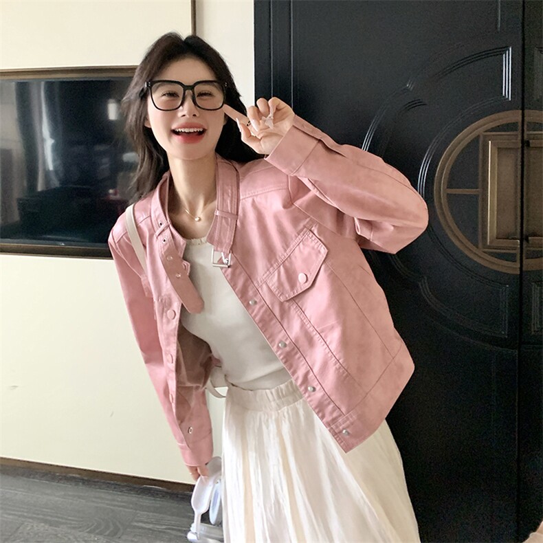 美拉德咖色皮衣短外套女春秋2025新款复古立领机车服休闲夹克上衣,女装皮衣,唛多