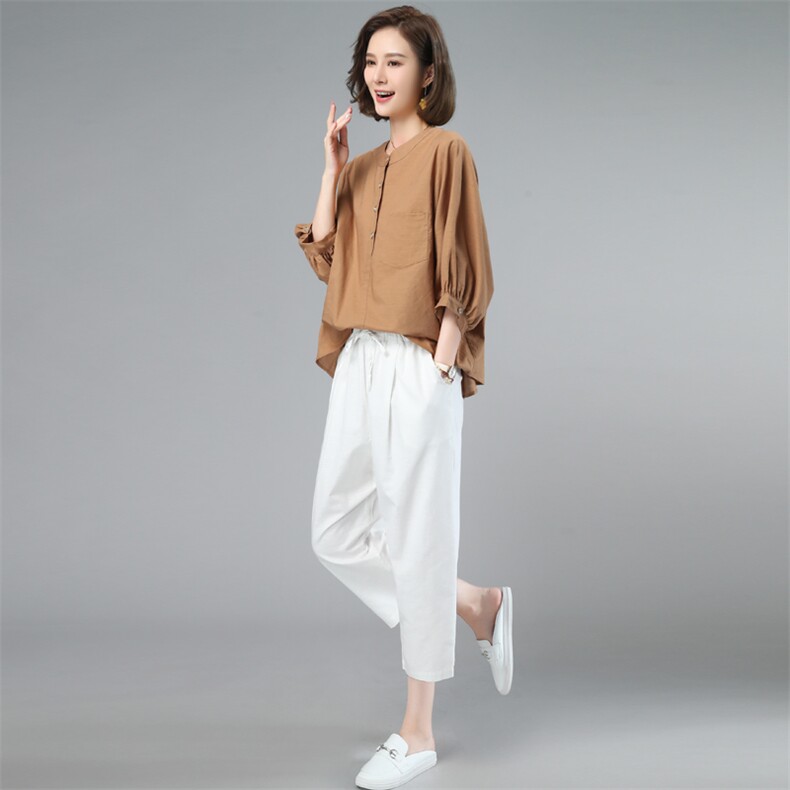 棉麻套装女夏2025新款小个子中年妈妈大码时尚洋气减龄亚麻两件套,女装套装/套裙,奕阳依阁