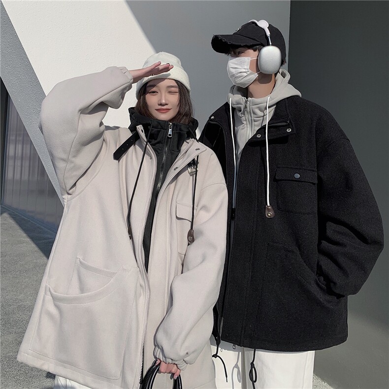 EQ158 情侣装冬季毛呢外套2024新款纯色连帽加厚呢子大衣男女同款图片