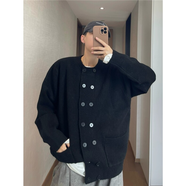 深灰色美式复古双排扣毛衣男款秋冬慵懒高级感针织衫cleanfit外套，男装针织衫/毛衣，星座516A