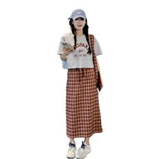韩系减龄红格子套装裙女夏2025新款字母印花t恤半身格子裙两件套，女装套装/套裙，浙宝220