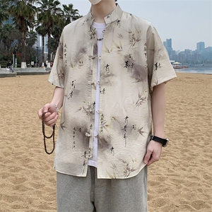 新中式风盘扣花纹短袖衬衫男士夏季复古唐装衬衣潮7007P40图片