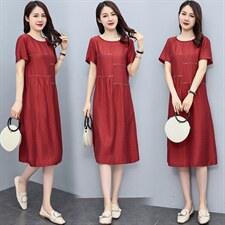【现货】连衣裙夏中长款短袖宽松显瘦气质纯色连衣裙A型，女装连衣裙，妃曼