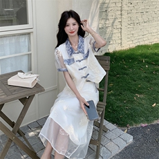 新中式禅意套装裙女2025新款夏季国风高级感盘扣上衣半身裙两件套，女装套装/套裙，浪娴服饰