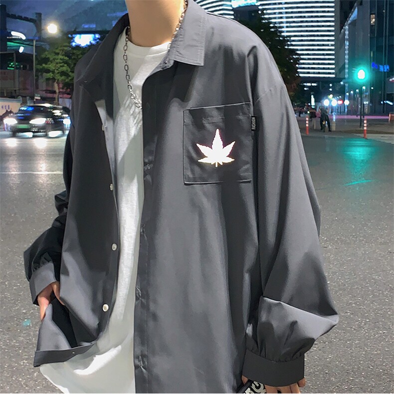 20港风新款男女情侣枫叶反光印花衬衫学生衬衣外套504-W2036-P32,男装衬衫,星座504
