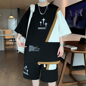 短袖短裤套装男夏季冰丝凉感t恤男一套搭配帅气青少年休闲运动服T图片