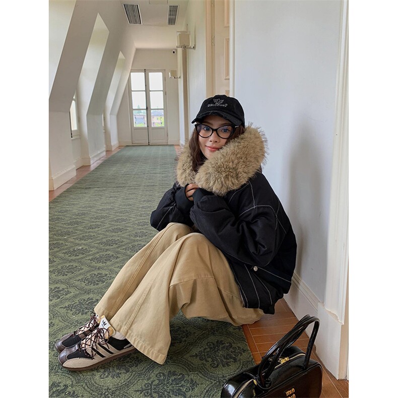 现货重磅boxy短款棉衣座山雕大毛毛领男女棉服水洗工装厚外套,男装棉衣,电商A486-1