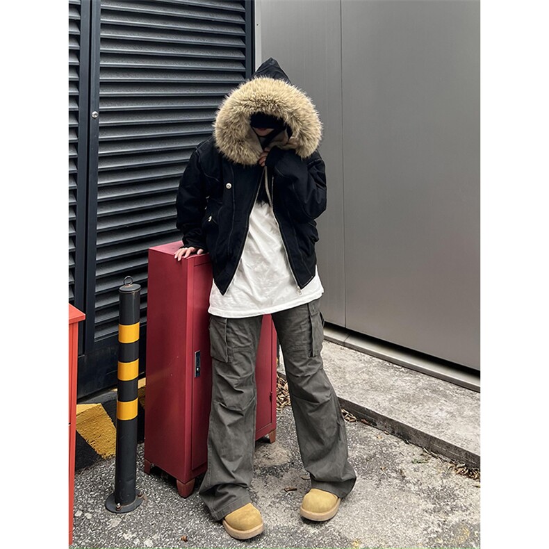 现货重磅boxy短款棉衣座山雕大毛毛领男女棉服水洗工装厚外套，男装棉衣，电商A486