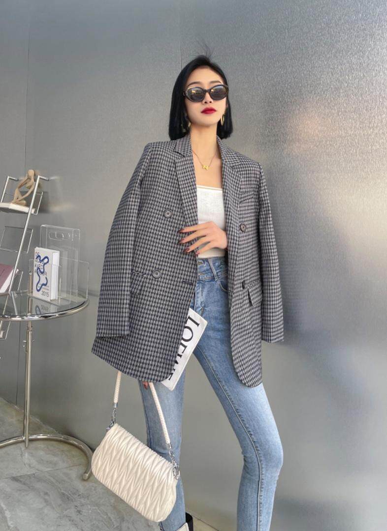 【现货】春装新款韩版阔版黑白格休闲西装，女装西装，名怡