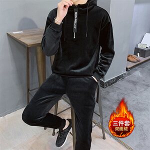 冬季金丝绒卫衣套装男 加绒三件套潮流休闲运动外套DS304T图片
