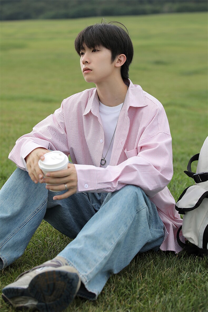 抖音023条纹衬衫男长袖宽松外套小清新港风衬衣CS7212P4569,男装衬衫,电商B413-1
