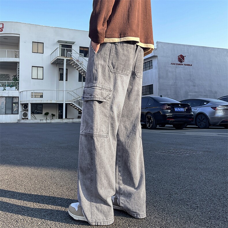 【现货】秋季新款美式复古工装口袋拼接宽松阔腿裤牛仔男816-P50,男装牛仔裤,星座1006