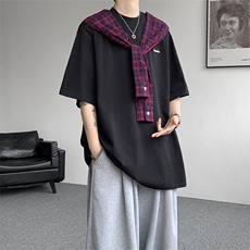 8XL-M潮情侣美式拼接打结格子假两件短袖宽松纯棉T恤男DX338，男装T恤，电商D206-1