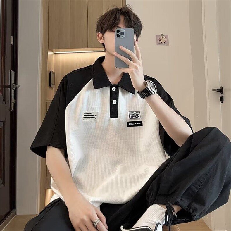 小标拼色polo衫男士夏季潮流高级感痞帅翻领短袖衬衫学生宽松t恤，男装Polo衫，星座412-2