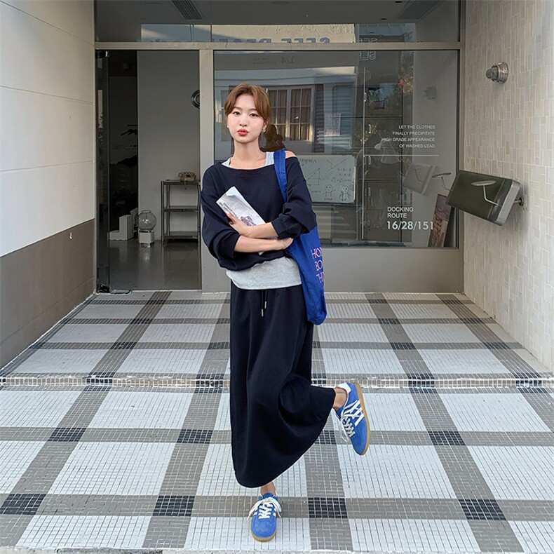 韩系气质假两件露肩卫衣套装裙女2025秋季新款小个子显瘦两件套潮,女装套装/套裙,纯色衣恋