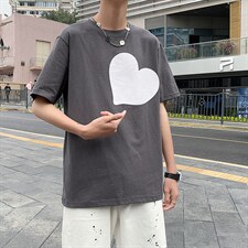 港风夏季T恤衫男韩版潮流短袖宽松爱心情侣装纯棉中袖T121P35控49图片