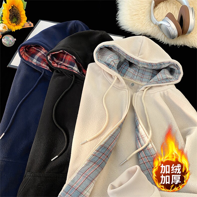 毛毯风摇粒绒格子开衫连帽卫衣宽松加绒冬潮牌外套A436-113-P60,男装卫衣,电商A436