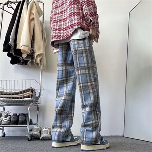 毛呢加绒格子裤男女秋冬加绒加厚阔腿裤百搭高腰休闲卫裤A923加绒,秋冬穿搭女生直播间图片