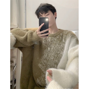 渐变慵懒毛衣男生秋冬仿貂毛时尚针织衫男毛衣外套毛绒 MY7205图片