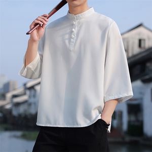 2025新款夏季风纯色立领上衣盘扣休闲T恤宽松潮流男T2505-P45图片