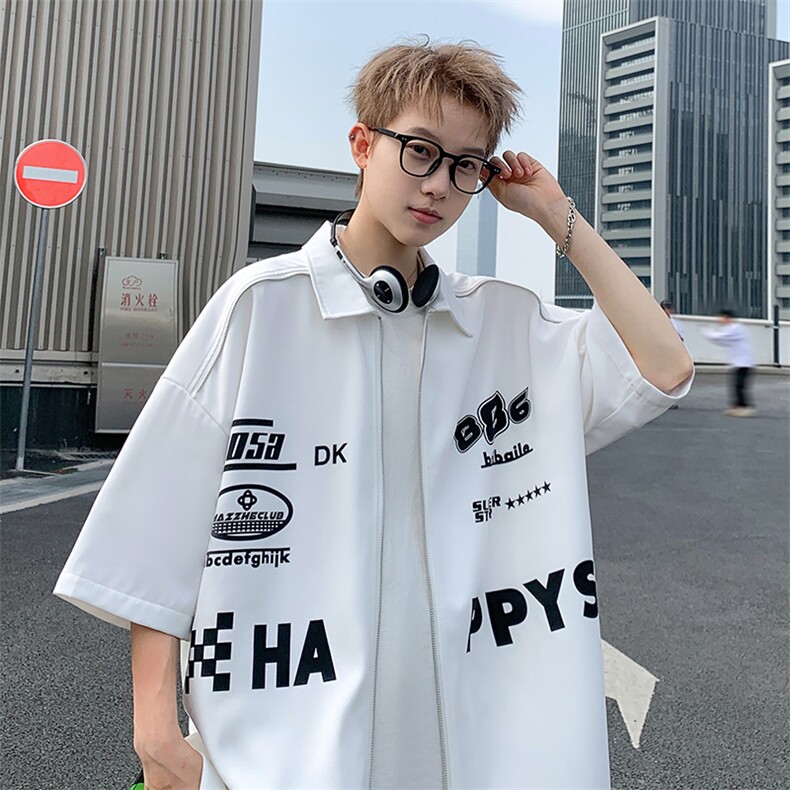 405A港风设计感拉链装饰印花衬衫短袖T恤CS03-P45控68,男装T恤,星座405A
