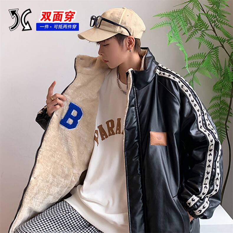 双面穿PU皮衣外套棉衣男加绒情侣棉服面包服棉袄女3323-P90控128图片