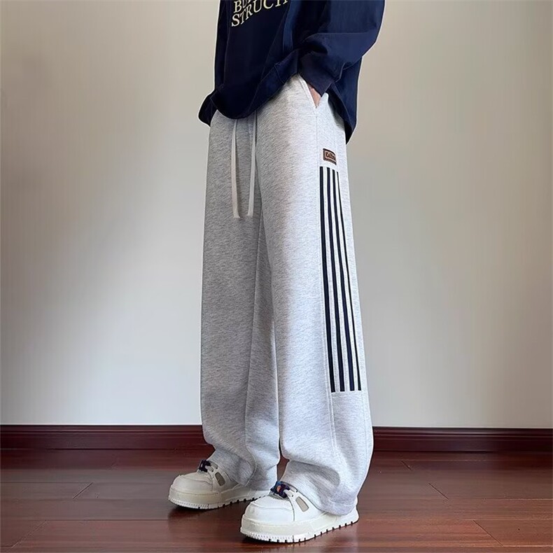 条纹裤子春夏季薄款直筒宽松垂感美式痞帅运动休闲阔脚长裤潮,男装休闲裤,星座218-1（原230）