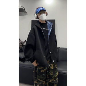 420克重磅日系纯色格纹开衫男女休闲连帽卫衣外套W4687-特价P65图片