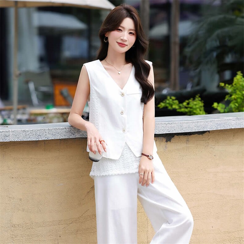 现货蕾丝拼接马甲屁帘阔腿裤两件套夏季穿搭韩系松弛感套装,女装套装/套裙,韩蔻秀