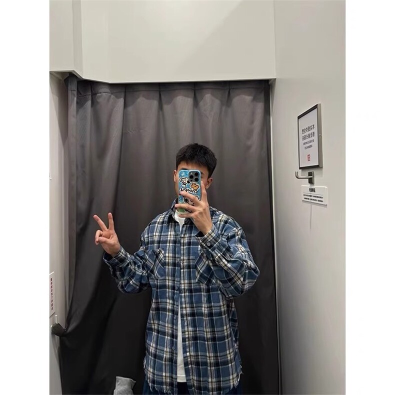 秋冬美式蓝色长袖格子衬衫男款宽松休闲慵懒感衬衣外套,男装衬衫,星座1210-1