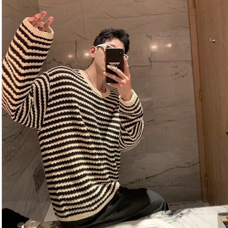 594-P33宽松型青少年长袖男设计感打底衫上衣潮休闲气质条纹,男装T恤,电商B323A