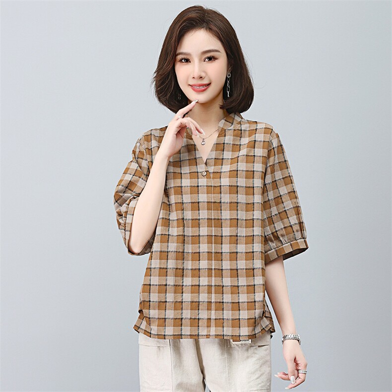 2025年夏装新款潮格子衬衫宽松显瘦韩版气质百搭衬衣女减龄,女装衬衫,独衣靓