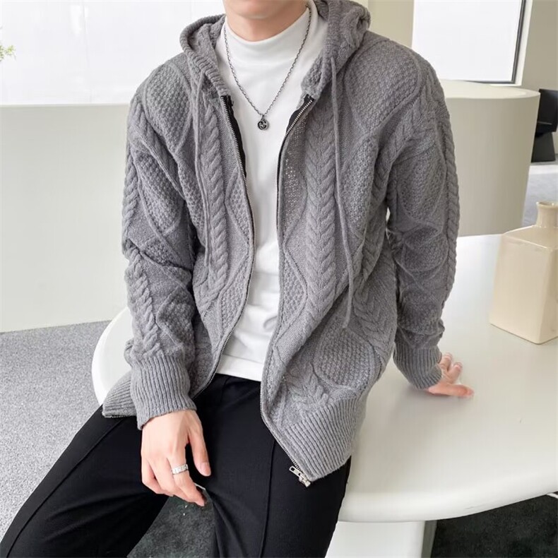 秋冬新款美式麻花纹理针织外套连帽慵懒风百搭拉链毛衣男8817P68,男装针织衫/毛衣,星座410-2