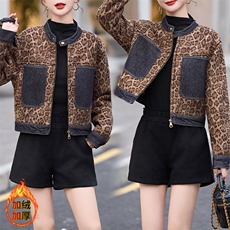 高端欧货冬季加绒小众设计感复古豹纹圆领拉链夹克外套上衣短款女，女装羊羔毛/颗粒绒，江南女神
