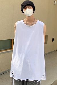 2025夏季马甲美式大码男双纱重磅破洞情侣无袖汗背心T264/P35控55图片