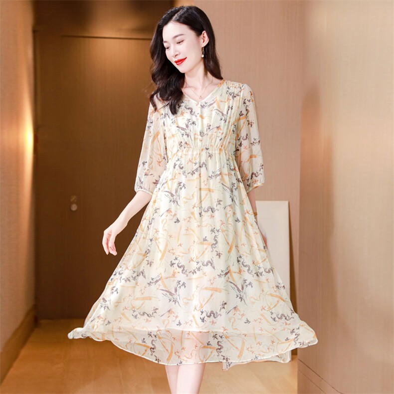 轻奢减龄真丝连衣裙女夏季2025新款高腰显瘦气质七分袖桑蚕丝长裙,女装连衣裙,阿舍尔精品