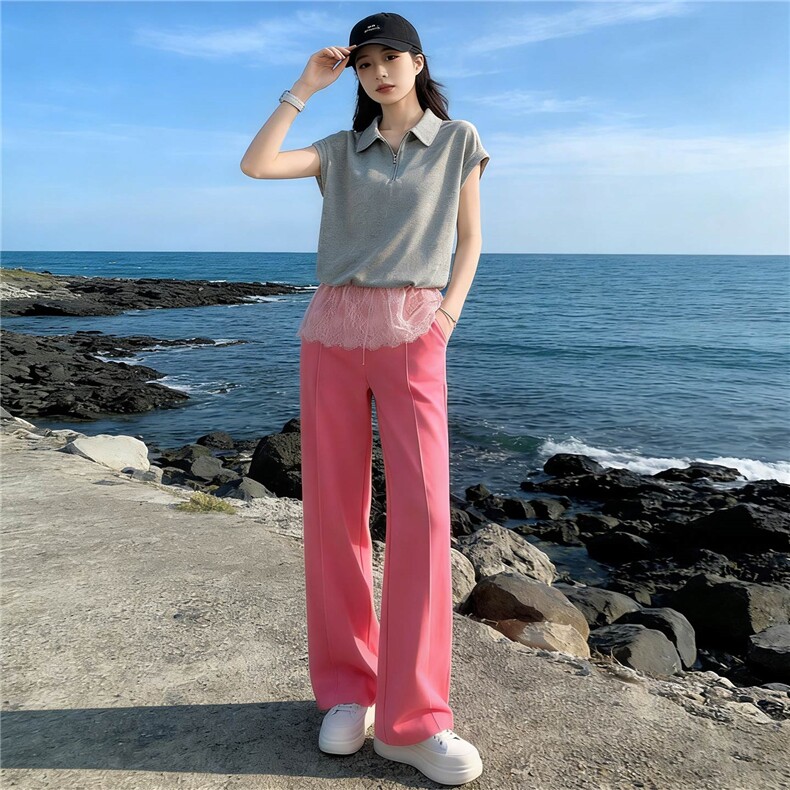 女夏季新款欧韩时尚休闲运动套装蕾丝拼接短袖高腰阔腿长裤两件套,女装套装/套裙,江南