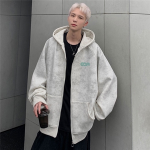 扎染脏脏重磅开衫卫衣男美式付硬挺连帽插肩袖套头外套图片