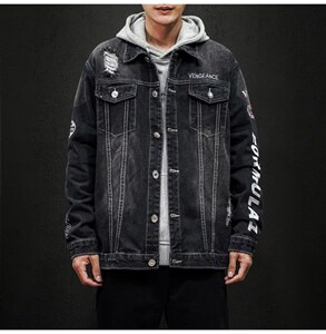 jk818-p80 M-5XL黑墙ins牛仔夹克绣花破洞大码男日系CITYBOY图片