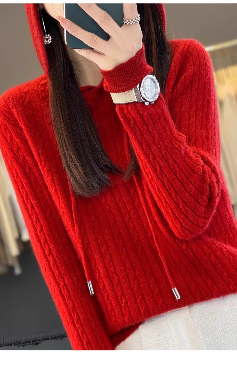 纯色长袖连帽套头2024年秋季羊毛针织衫,女装羊毛衫,佑昭祥羊绒